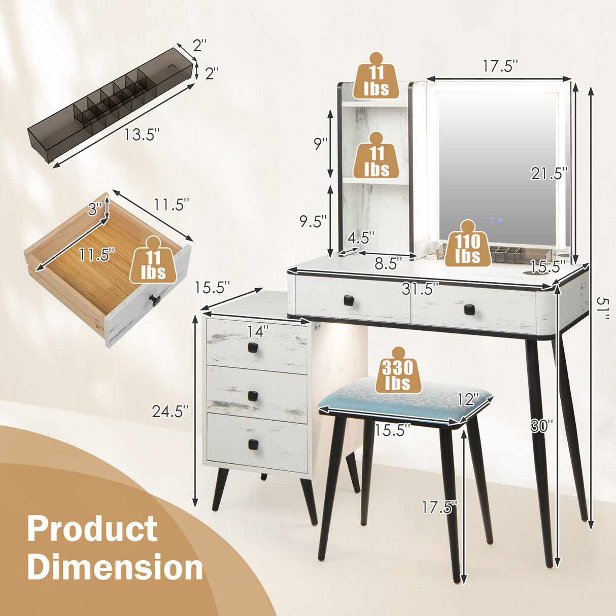 Vanity Makeup Table Set with Lighted Mirror-Brown