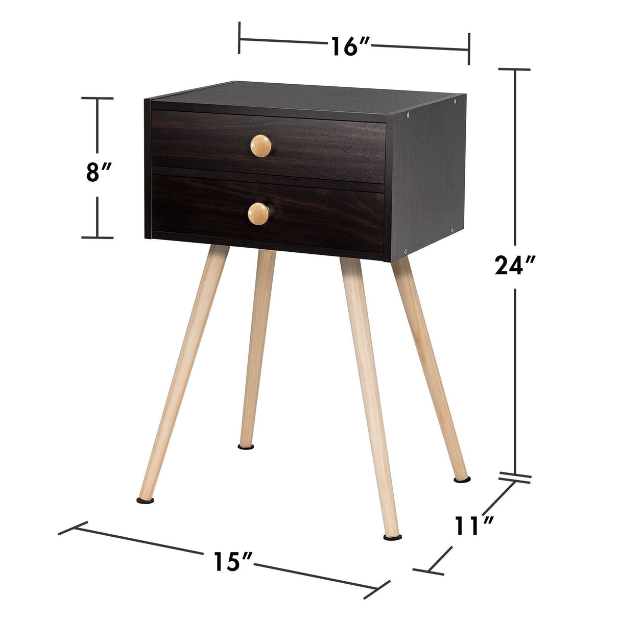 Mid Century Modern 2 Drawers Nightstand in Natural-White