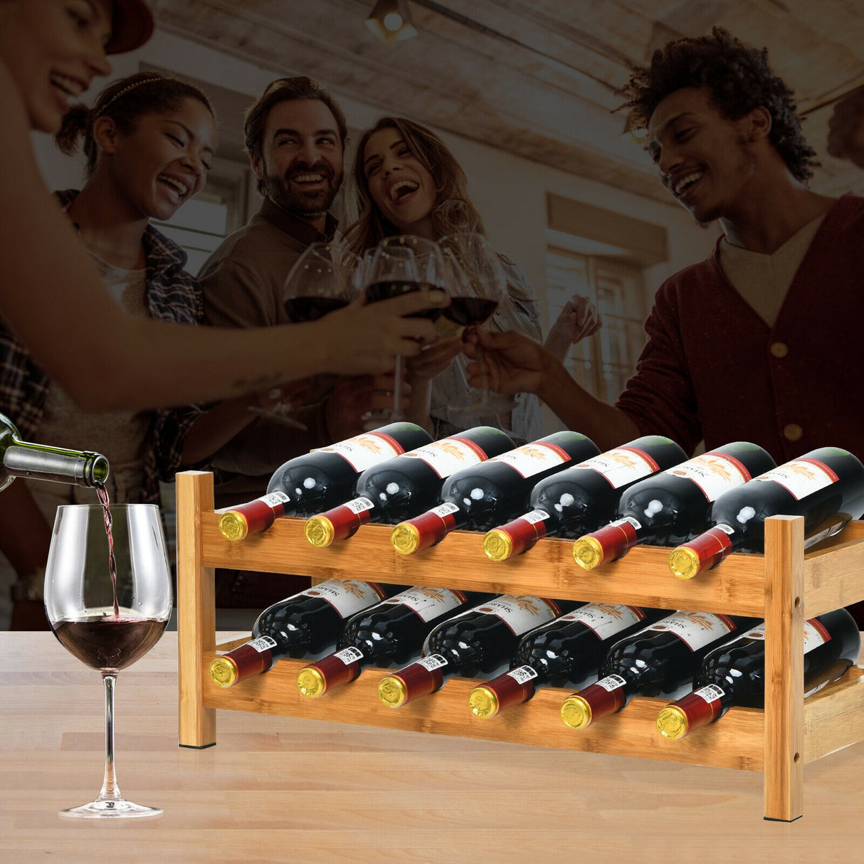 2-Tier 12 Bottles Bamboo Storage Shelf Wine Rack-Natural