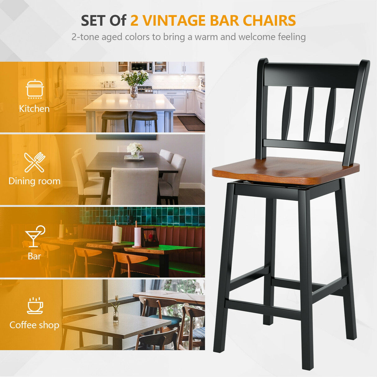 24.5 Inches Set of 2 Swivel Bar Stools with 360 ° Swiveling-Black