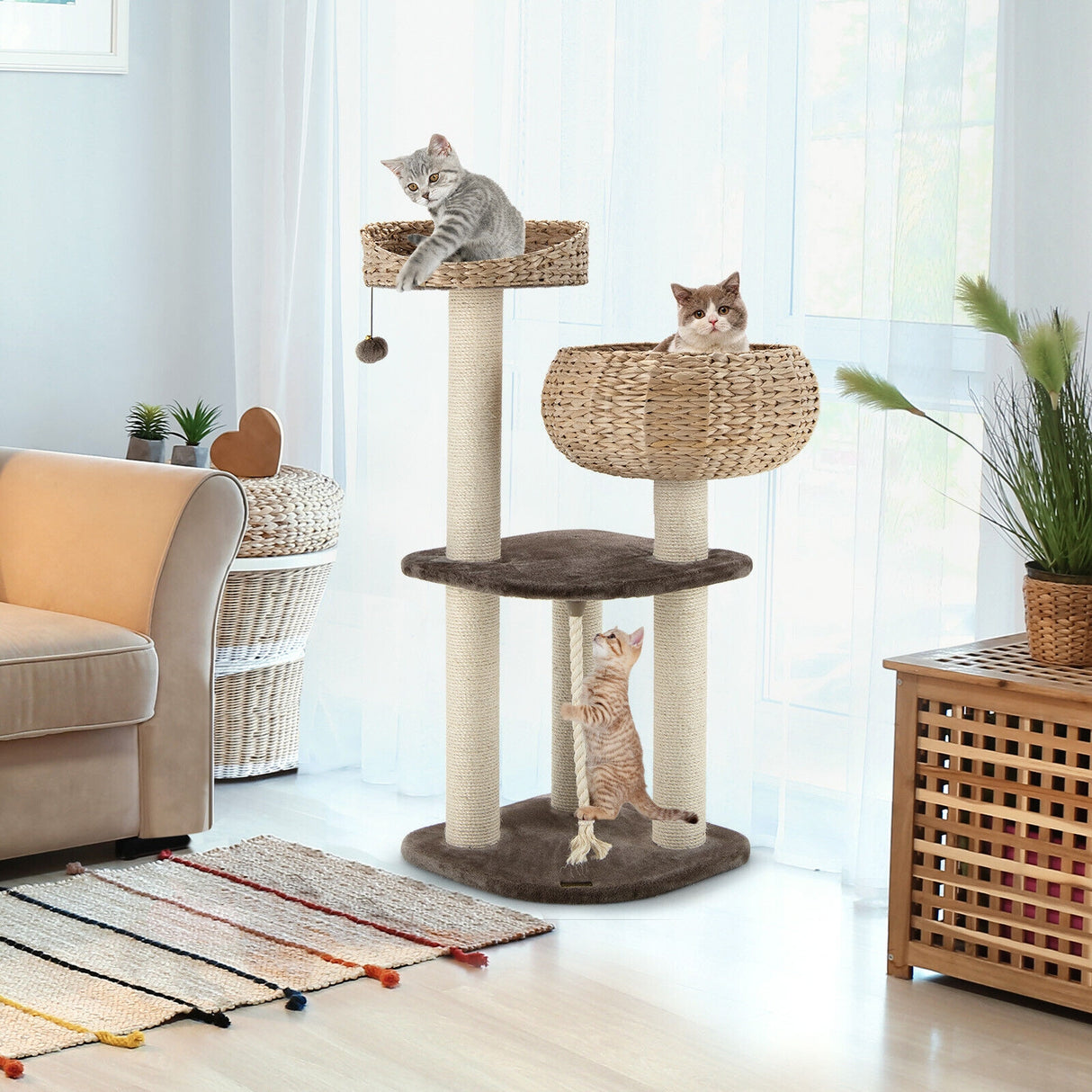 41 Inch Rattan Cat Tree with Napping Perch-Brown