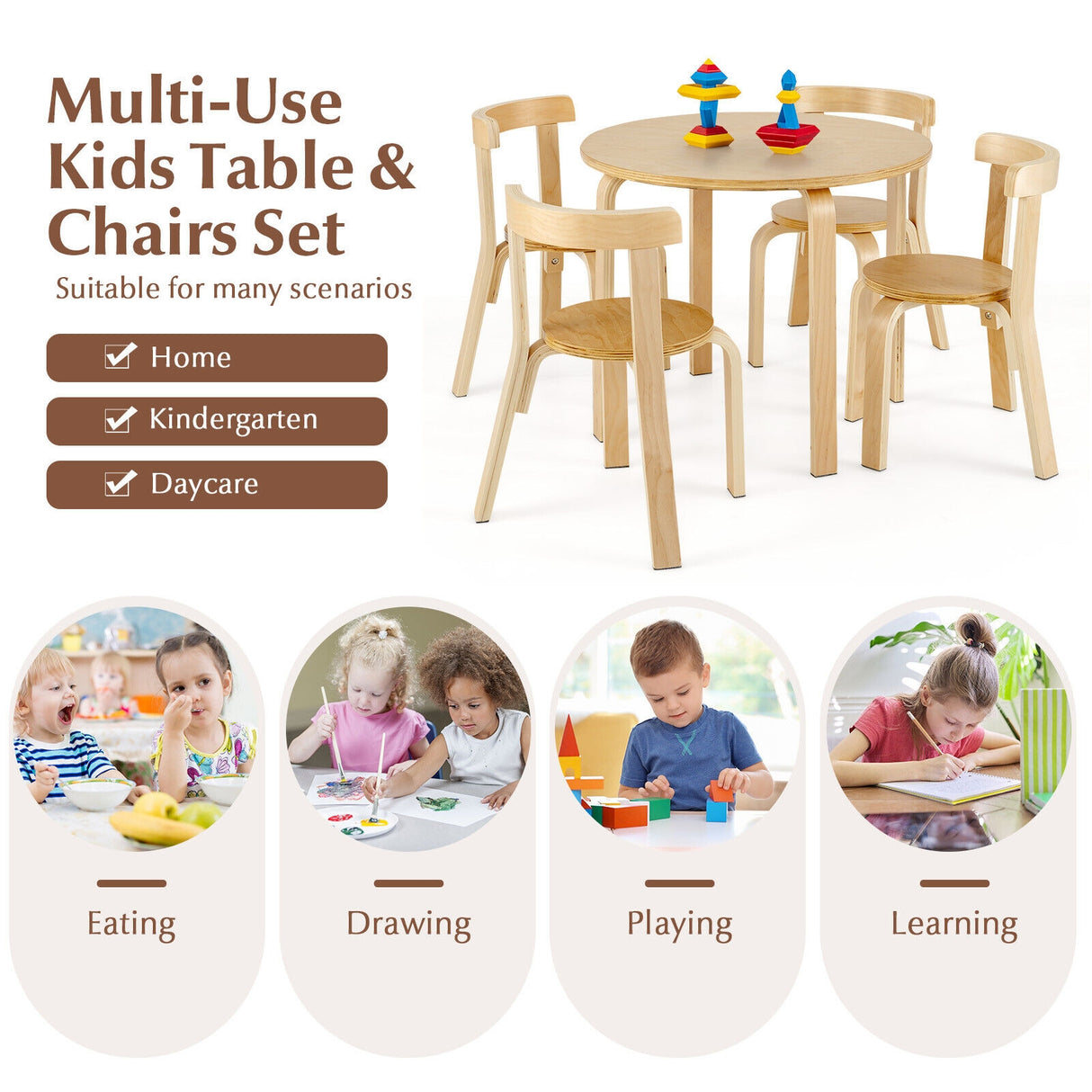 5-Piece Kids Wooden Curved Back Activity Table and Chair Set with Toy Bricks-Gray