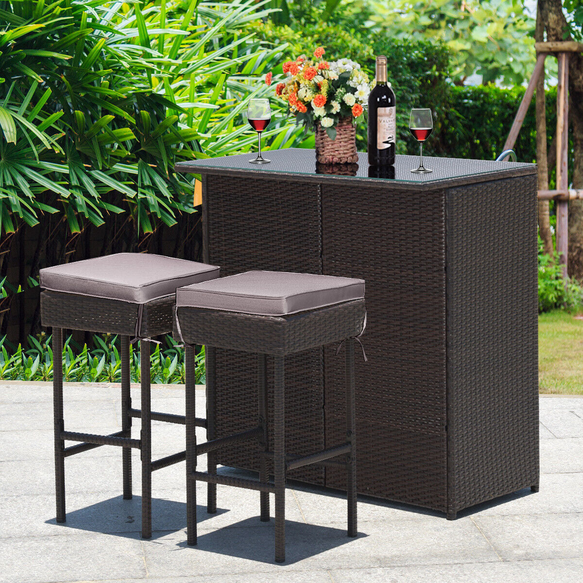 3 Pieces Patio Rattan Wicker Bar Table Stools Dining Set-Gray & Off White by DirectDeals