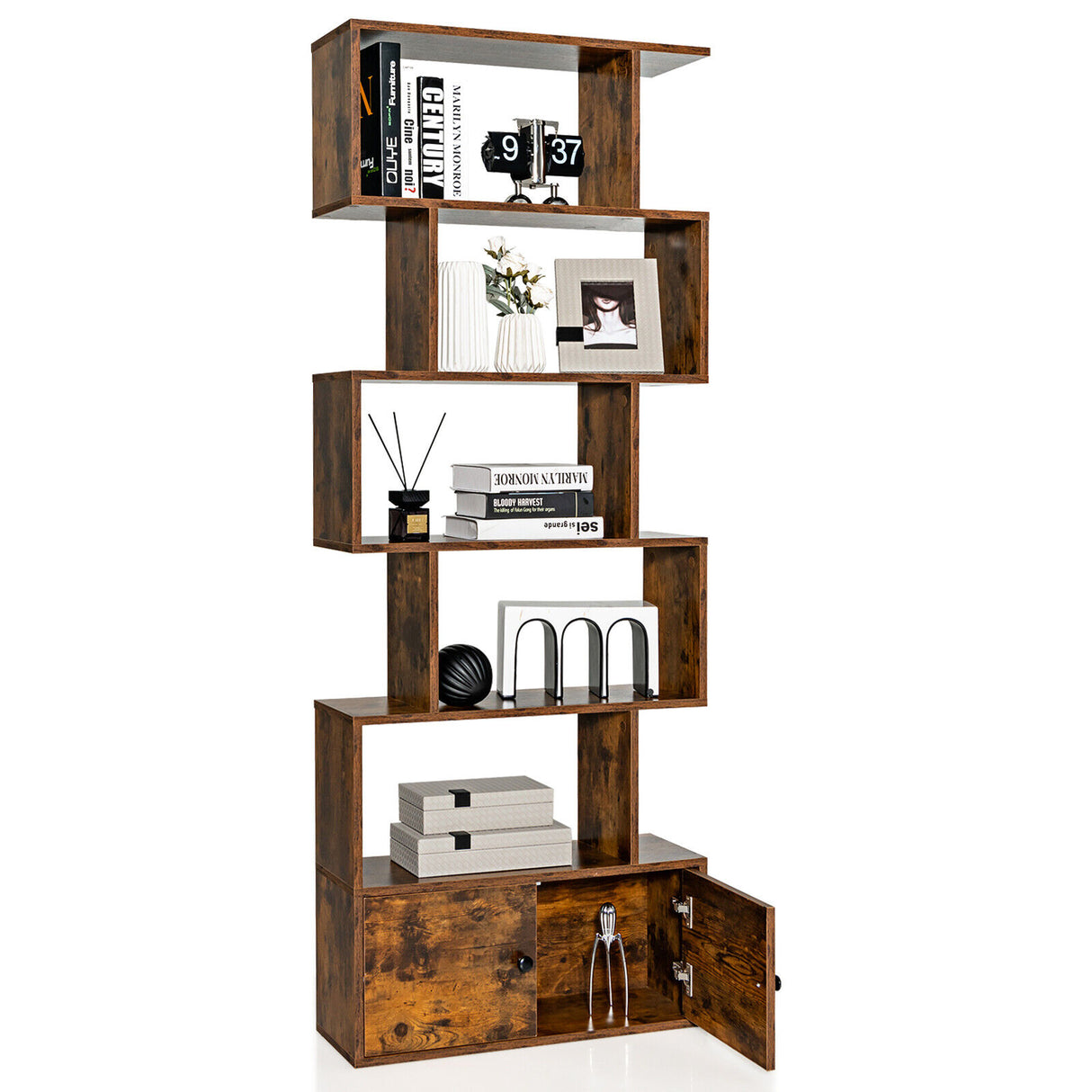 6-Tier S-Shaped Freestanding Bookshelf with Cabinet and Doors-White