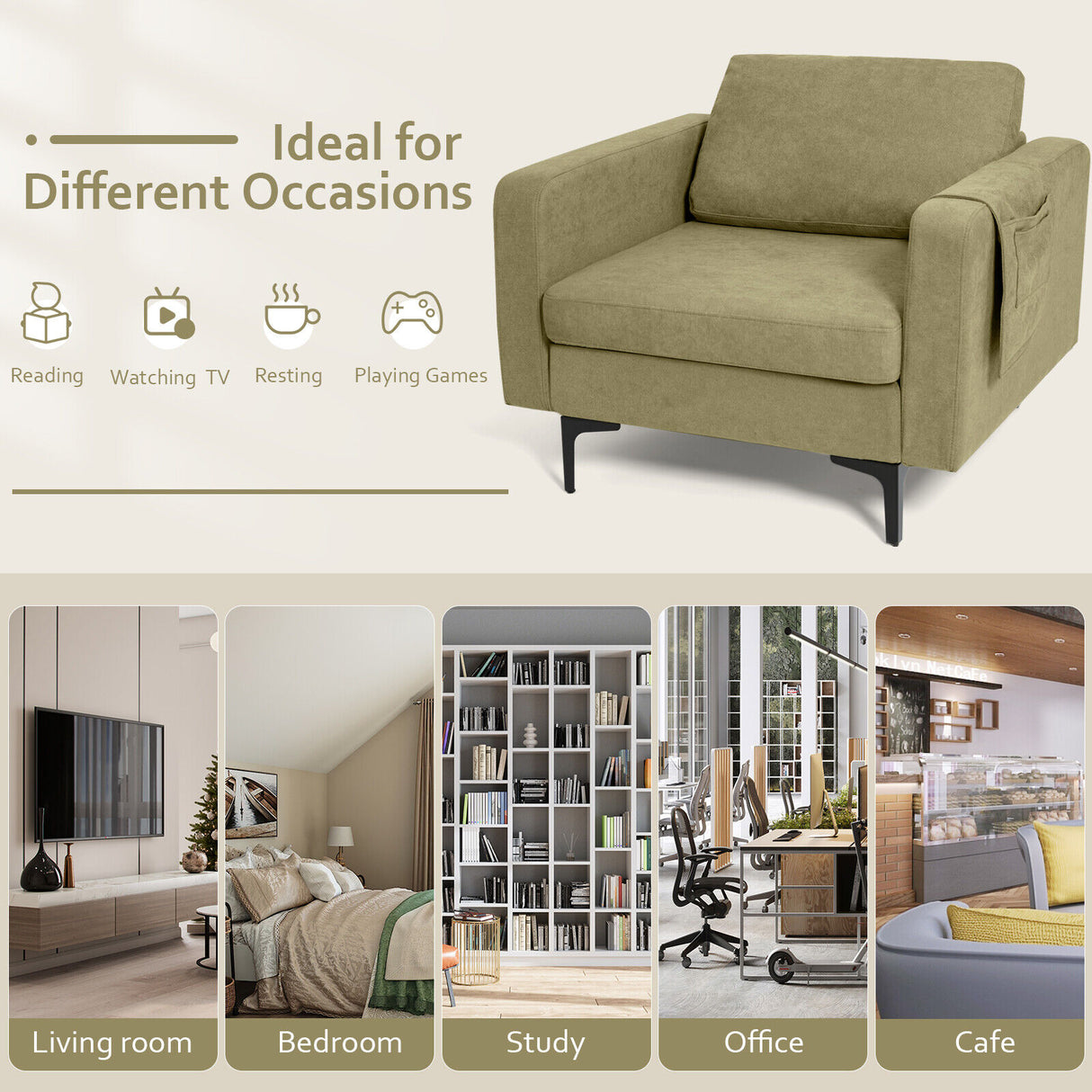 Modern Accent Armchair with Side Storage Pocket-Orange