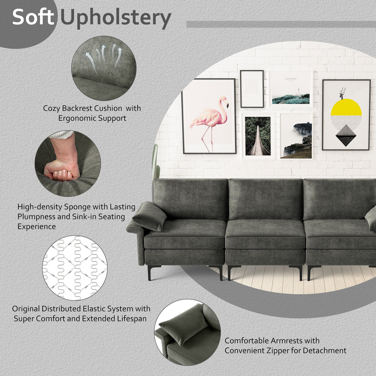 Large 3-Seat Sofa Sectional with Metal Legs for 3-4 people-Rust Red