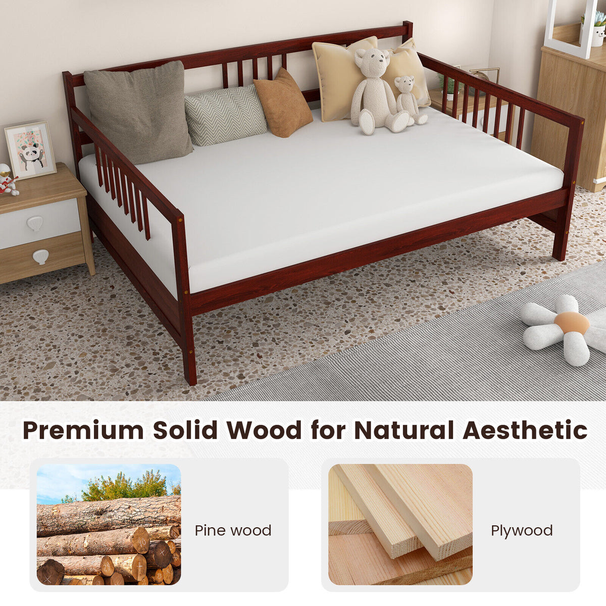 Classic Wooden Full Size Daybed Frame with Guardrails-Brown