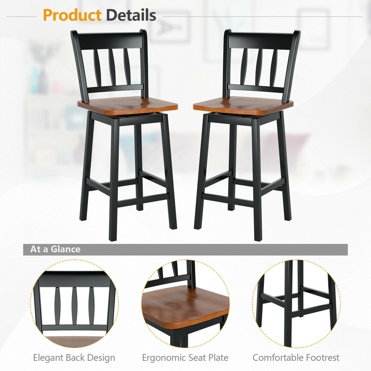24.5 Inches Set of 2 Swivel Bar Stools with 360 ° Swiveling-Black