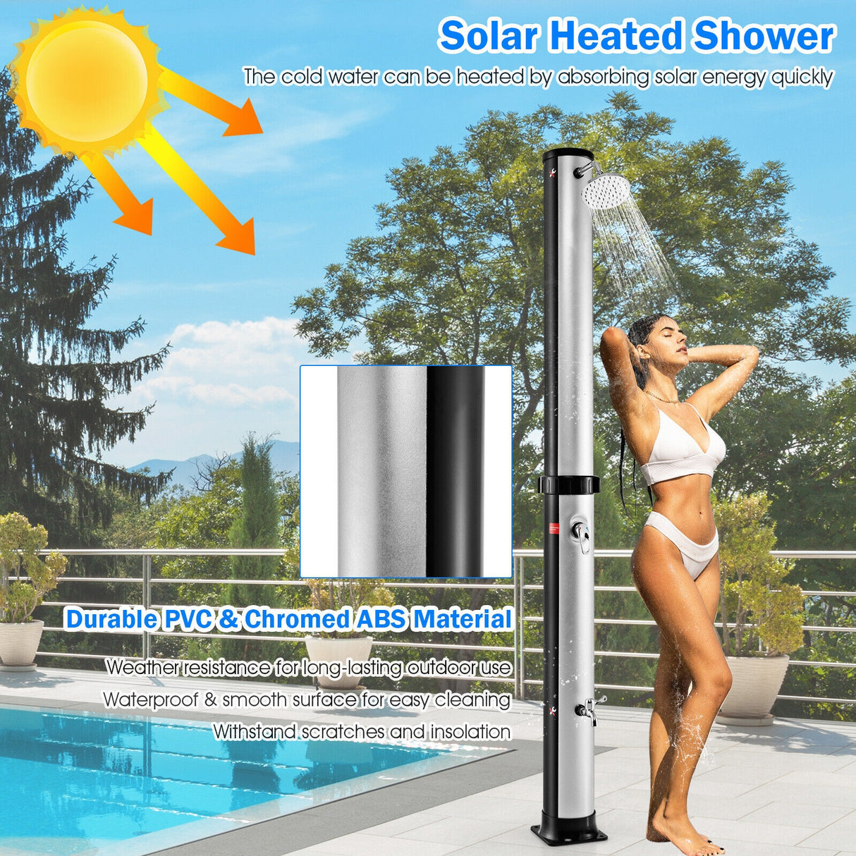 7.2 Feet Solar-Heated Outdoor Shower with Free-Rotating Shower Head-Black