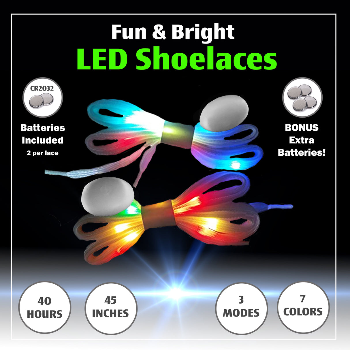 |4 Pairs| 7 Color Strobe LED Light Up Shoe Laces Glow in the Dark White Tie Shoelaces for Sneakers, Skates, 45 inch