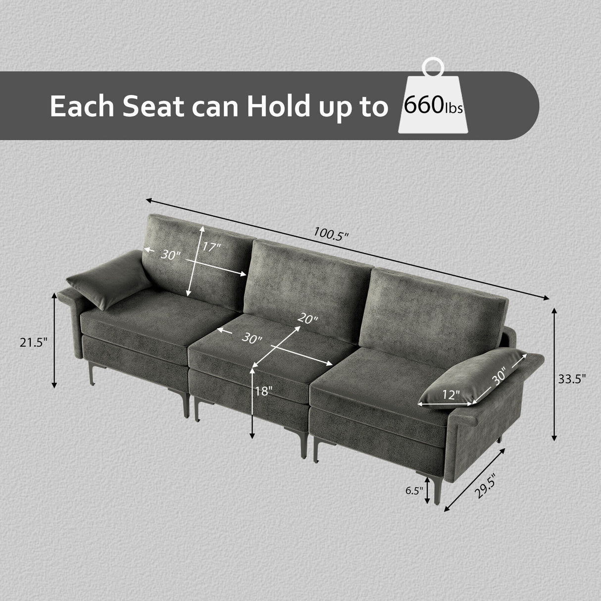 Large 3-Seat Sofa Sectional with Metal Legs for 3-4 people-Rust Red