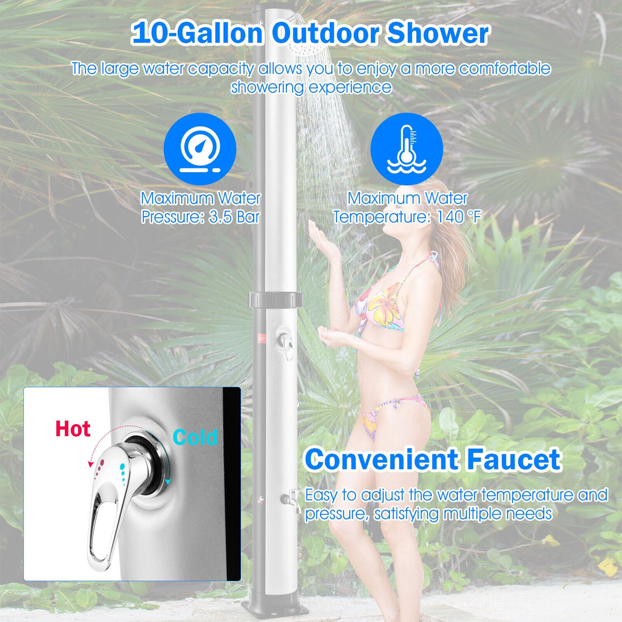 7.2 Feet Solar-Heated Outdoor Shower with Free-Rotating Shower Head-Black