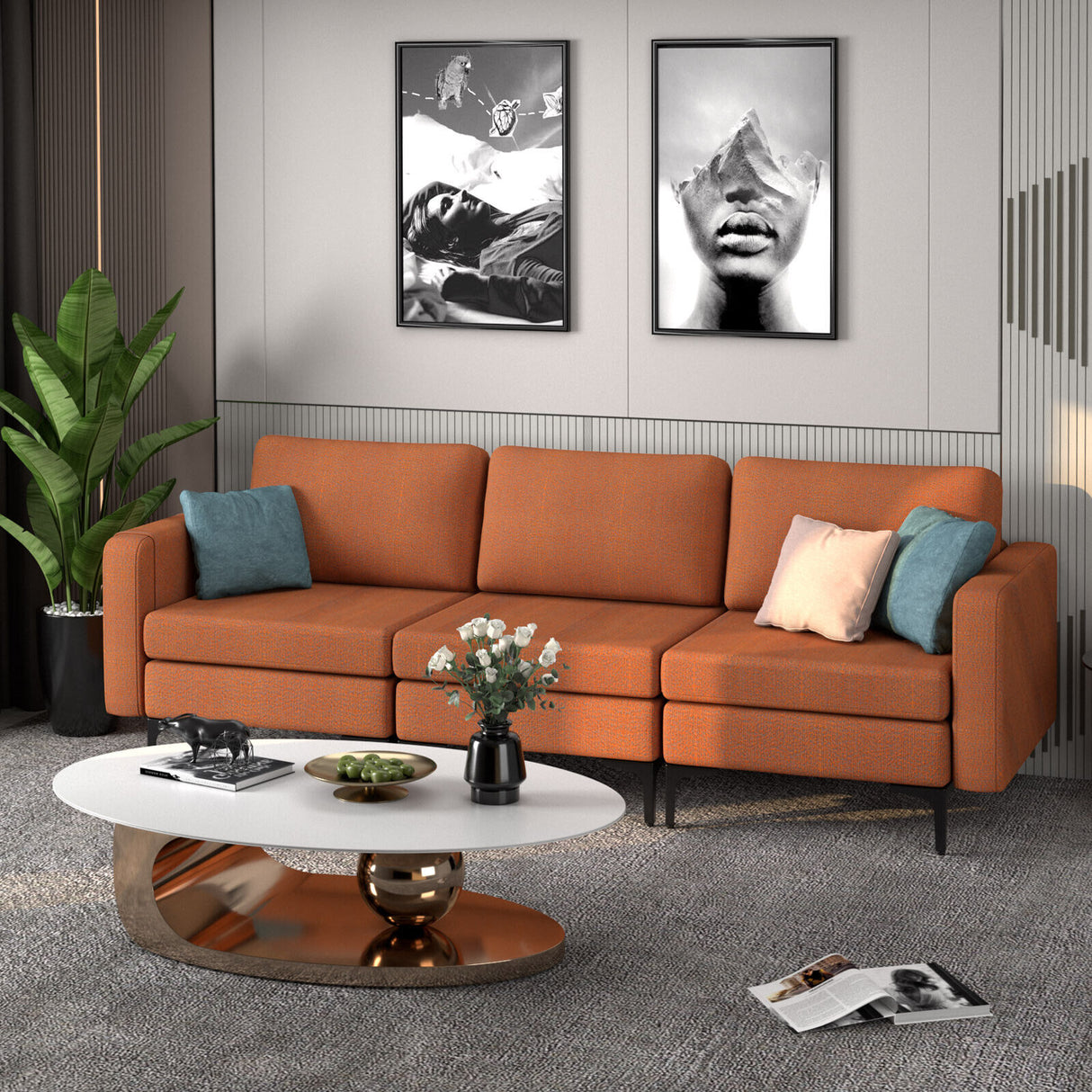 1/2/3/4-Seat Convertible Sectional Sofa with Reversible Ottoman-3-Seat