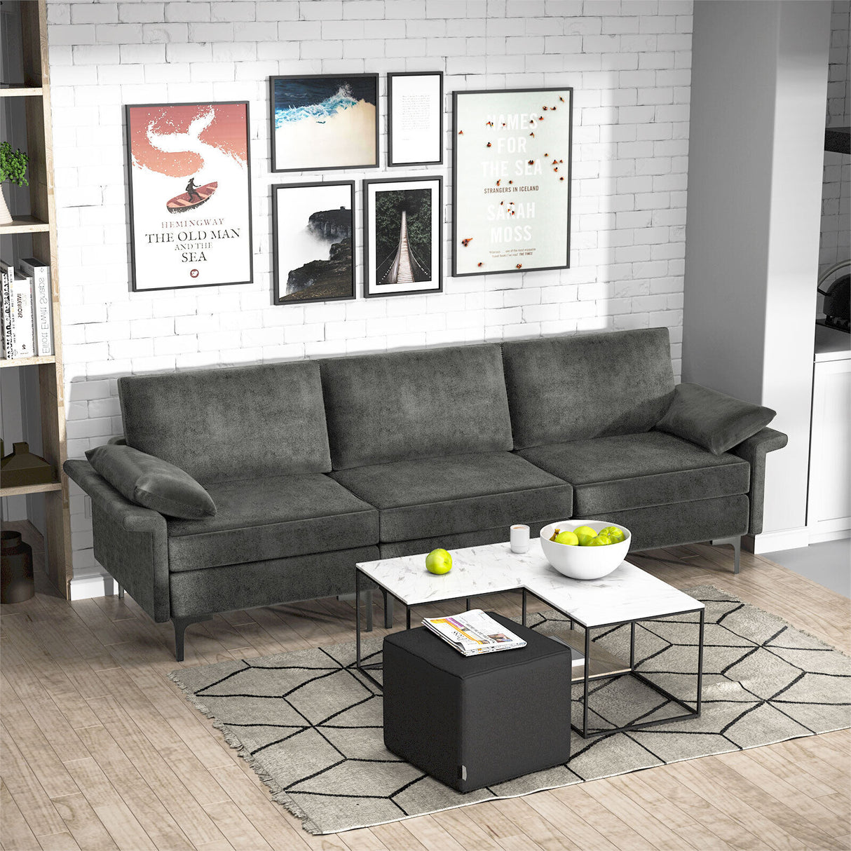 Large 3-Seat Sofa Sectional with Metal Legs for 3-4 people-Rust Red