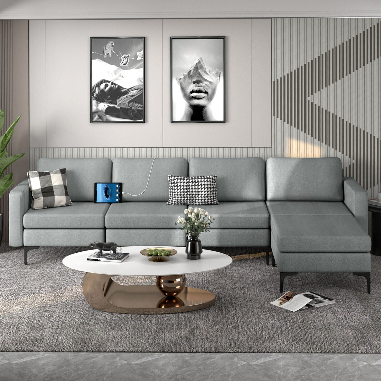 1/2/3/4-Seat Convertible Sectional Sofa with Reversible Ottoman-4-Seat L-shaped with 2 USB Ports by DirectDeals