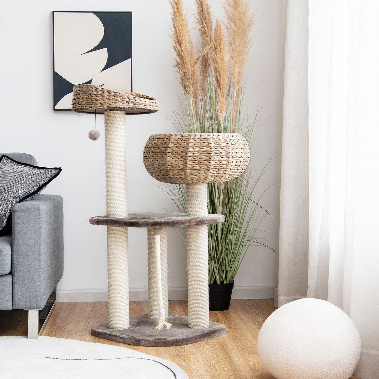 41 Inch Rattan Cat Tree with Napping Perch-Brown