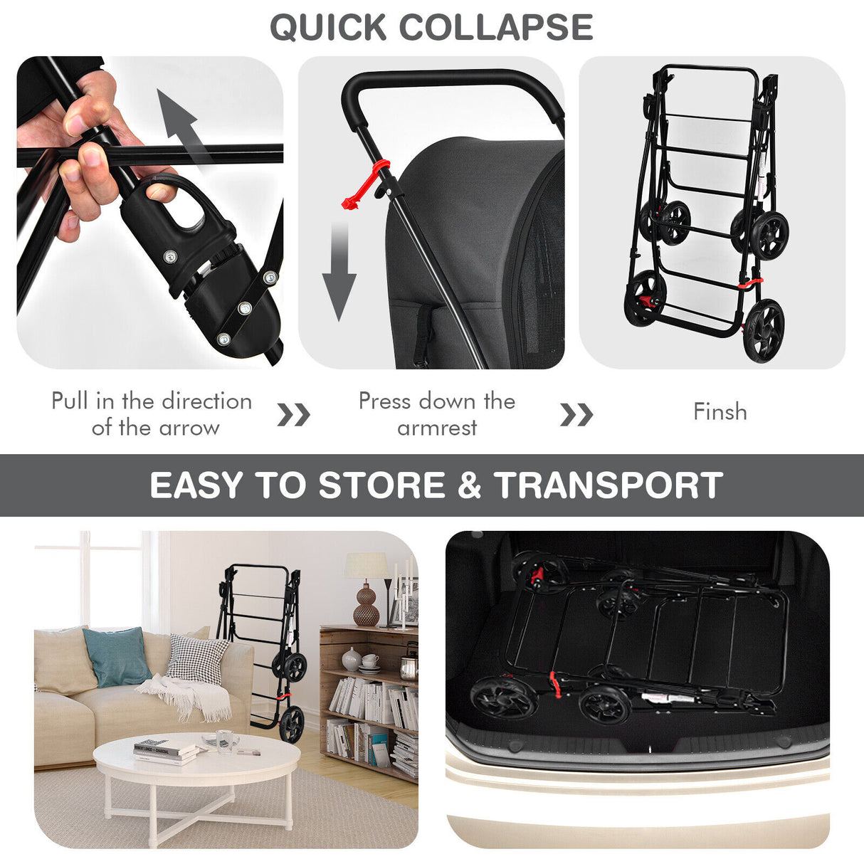 4-in-1 Double Pet Stroller with Detachable Carrier and Travel Carriage-Beige