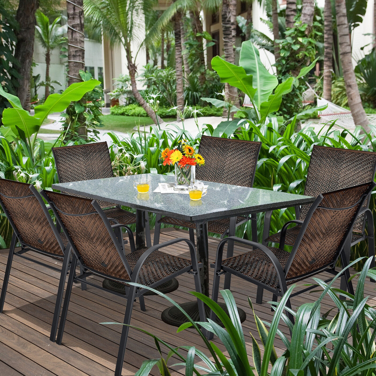 Set of 6 Outdoor PE Wicker Stackable Chairs with Sturdy Steel Frame-Gray