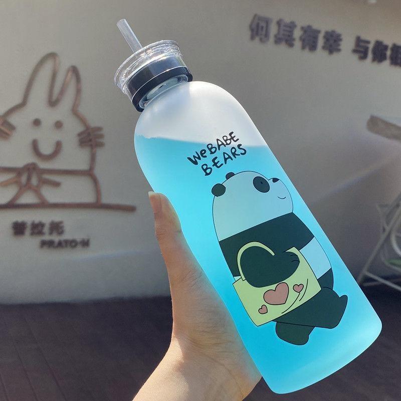1000ml Water Bottles Cute Panda Bear Cup With Straw Transparent Cartoon Water Bottle Drinkware Frosted Cup Leak-proof Plastic Straw Cartoon Frosted Leak Proof Panda Bear Pattern Transparent Water Cup Sports Drink Water Bottle