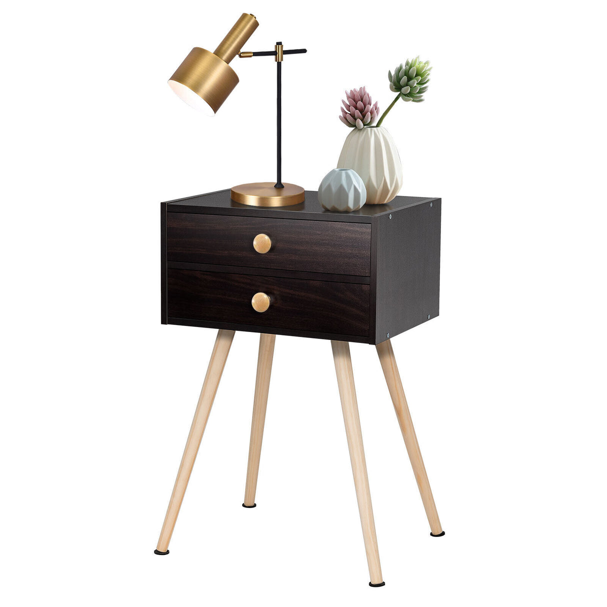 Mid Century Modern 2 Drawers Nightstand in Natural-White