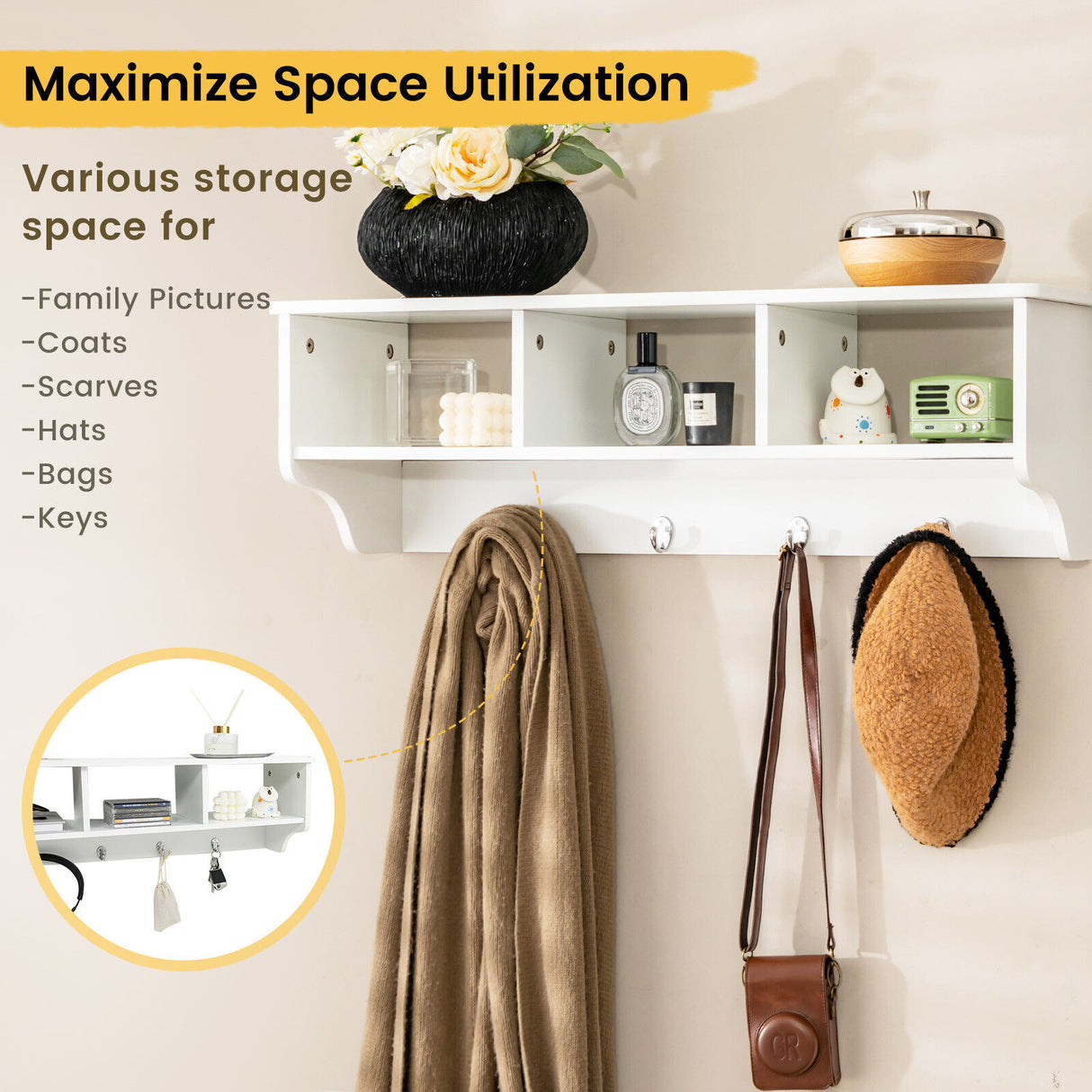 Wall Mount Cubby Organizer Hooks Entryway Storage Shelf-Black