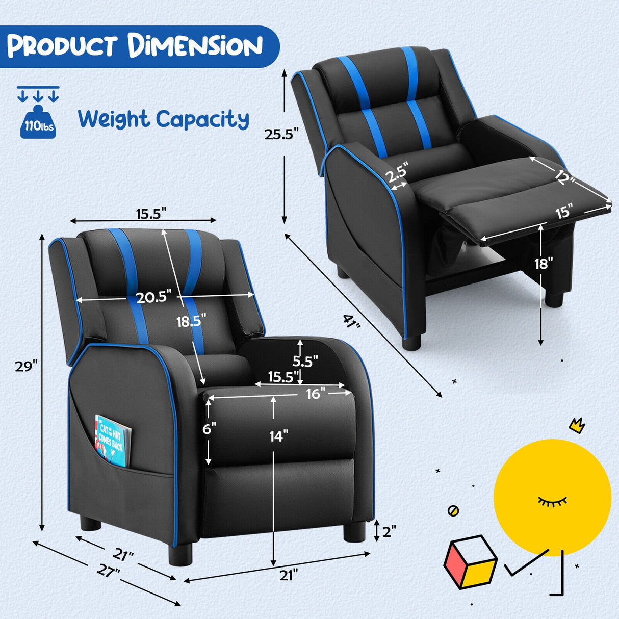 Kids Recliner Chair with Side Pockets and Footrest-Blue