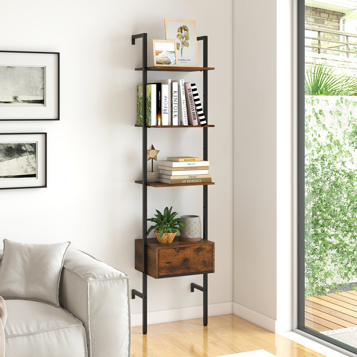 5-Tier Ladder Bookcase with Drawer and Metal Frame for Study Home Office-Rustic Brown