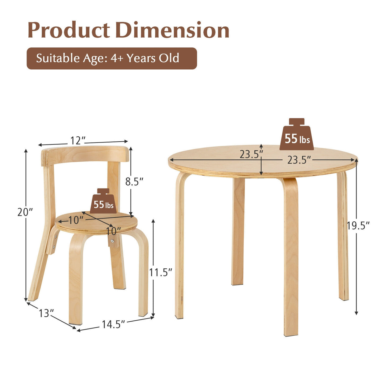 5-Piece Kids Wooden Curved Back Activity Table and Chair Set with Toy Bricks-Gray