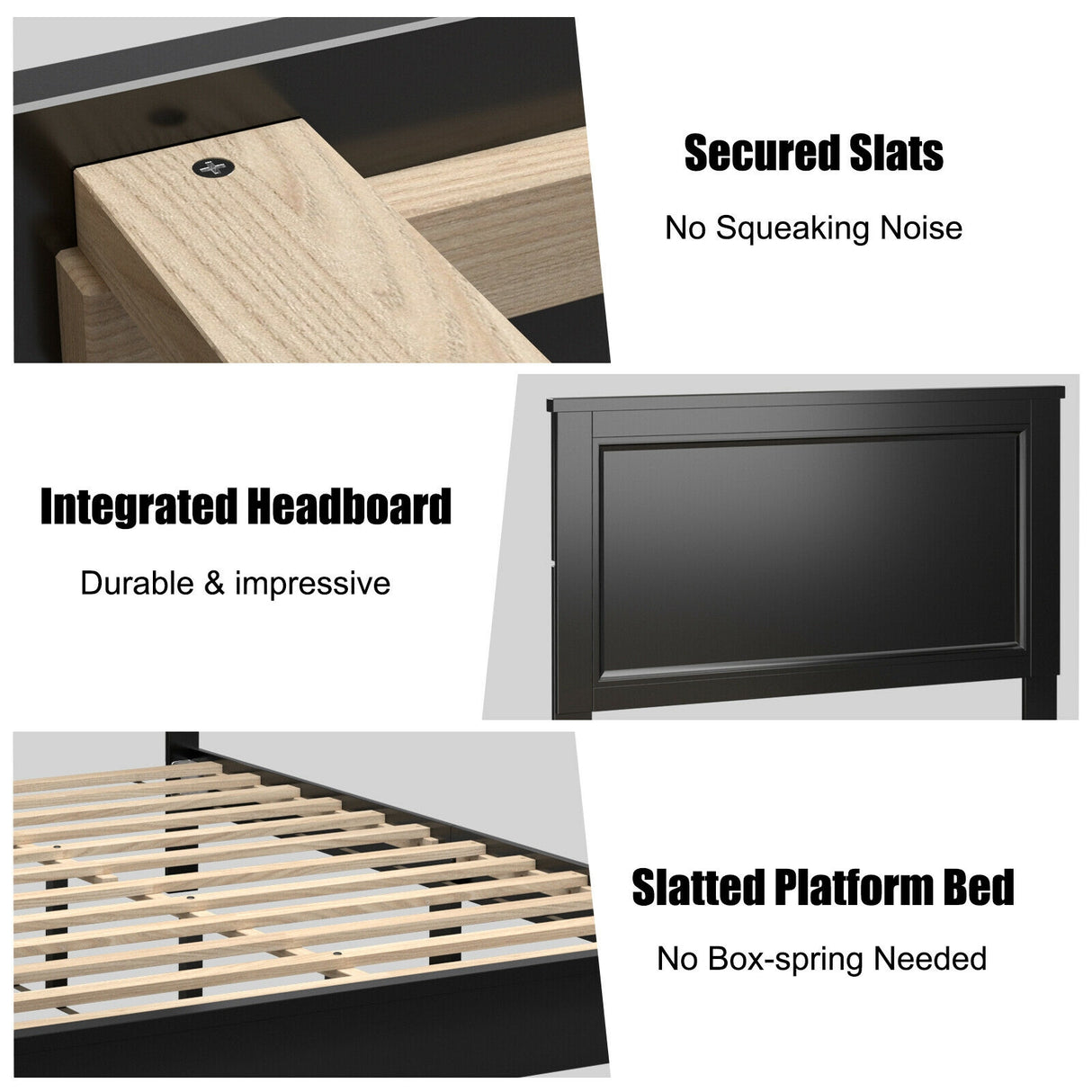 Queen Size Bed Frame Platform Slat High Headboard Bedroom with Rubber Wood Leg-Black