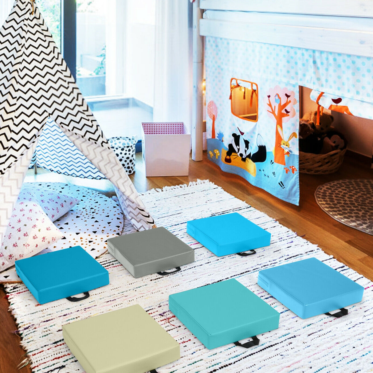 6 Pieces 15 Inches Square Toddler Floor Cushions Flexible Soft Foam Seating with Handles-Multicolor