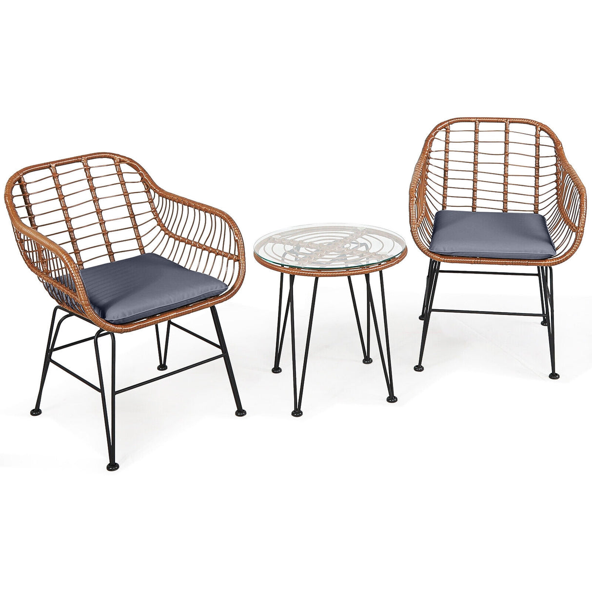 3 Pieces Patio Rattan Bistro Set with Cushion-Navy
