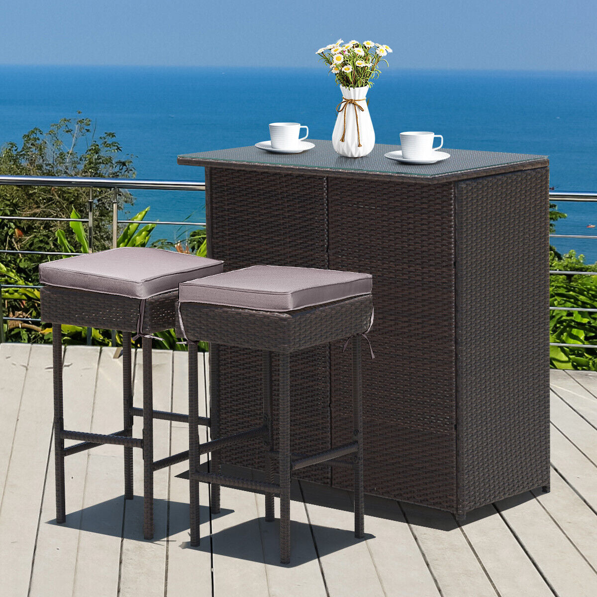 3 Pieces Patio Rattan Wicker Bar Table Stools Dining Set-Gray & Off White by DirectDeals