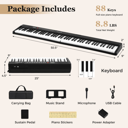 88 Key Foldable Piano Keyboard Portable Semi Weighted Electric Piano-Black