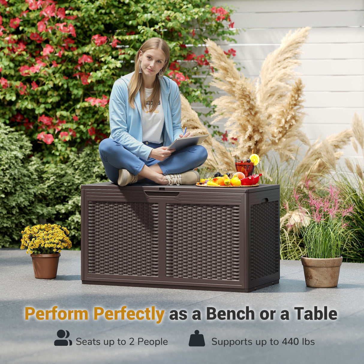 100 Gallon Resin Deck Box Outdoor Waterproof Storage Bench-Brown