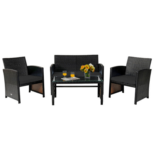 4 Pieces Patio Rattan Cushioned Furniture Set with Coffee Table-Black