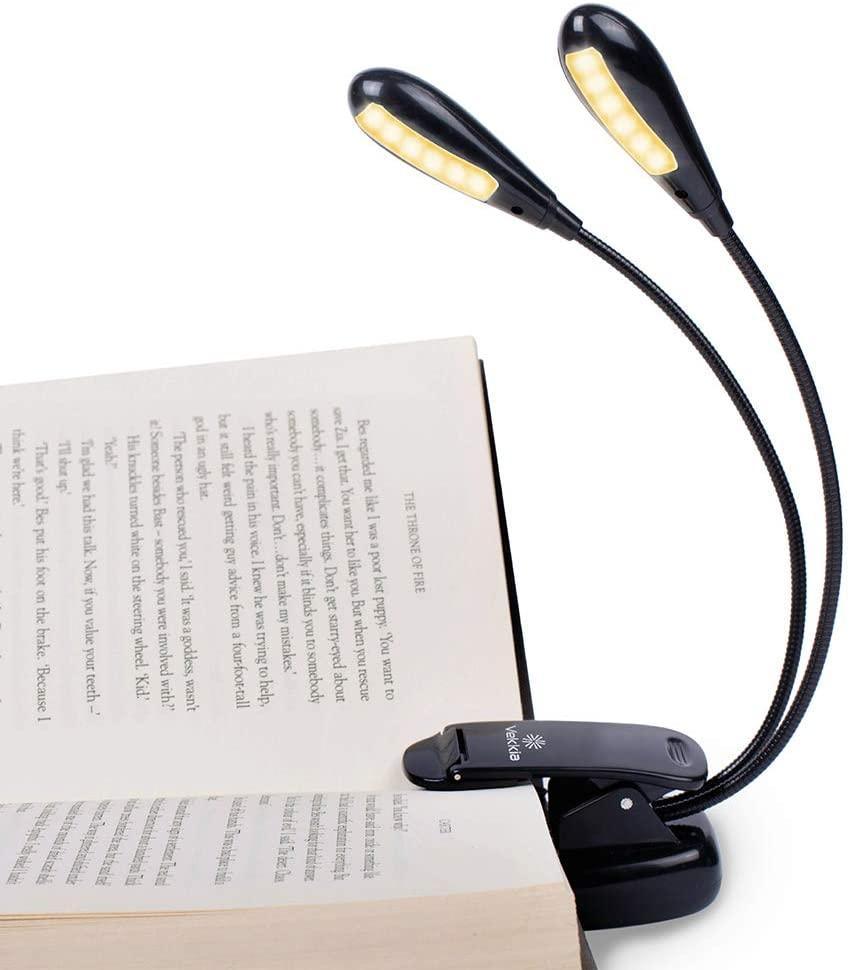 Super Adjustable Goosenecks Clip LED Lamp For Book Reading With Stand And Double Ligh Rechargeable 12 LED Warm Book Light, Clip On Bed Reading Light, Music Stand Lamp, 2 Brightness & 2 Goosenecks Light Up 2 Full Pages. Perfect For Bookworms, Kids & Music