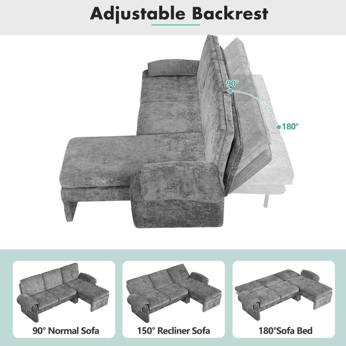 Convertible Futon Sofa Bed With Adjustable Backrest, Reversible Chaise Lounge And 2 Removable Armrest Pillows by Couch.com