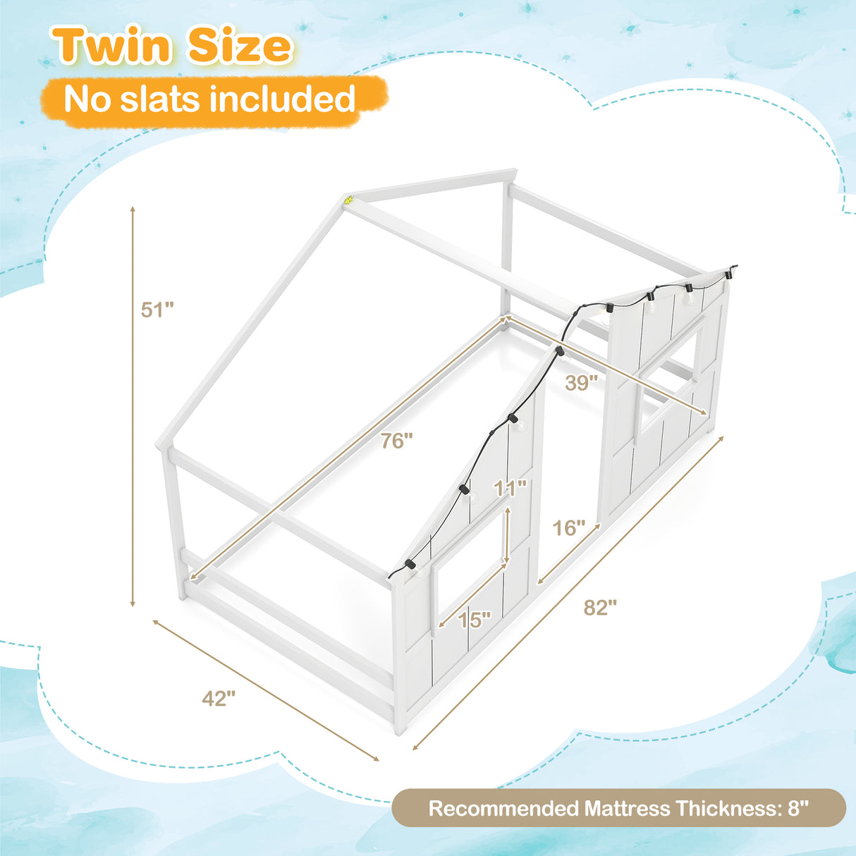 Twin Size House Bed with LED Lights Montessori Slat-free Floor Bed-White
