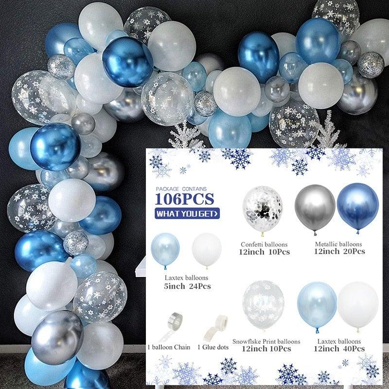 106pcs Blue Snowflake Birthday Balloon Party Ice Snow Decoration Baby Balloon Winter Christmas New Year Balloons Wedding and Birthday Party
