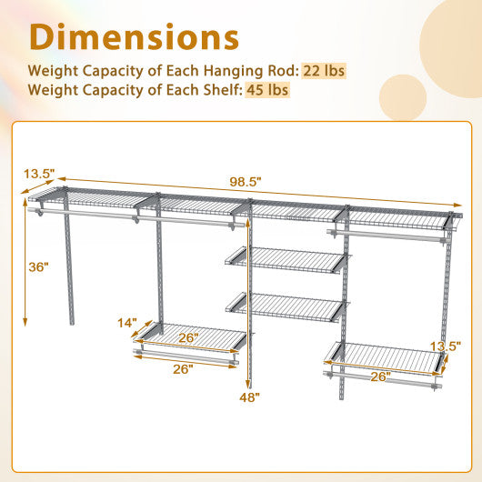 4-8 Feet Closet Organizers and Storage System with Hanging Rod for Laundry Bedroom-Grey