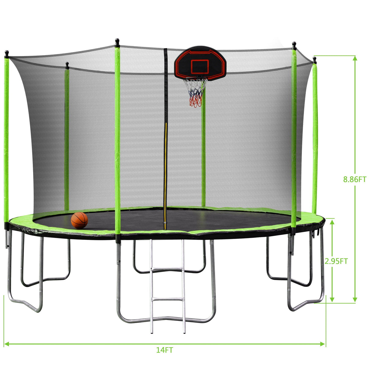 14Ft Trampoline With Basketball Hoop Inflator And Ladder (Inner Safety Enclosure) - Green by Couch.com