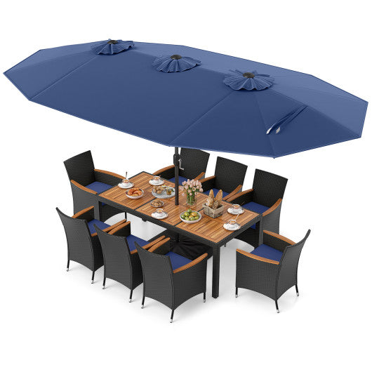 10 Piece Outdoor Patio Dining Set with 15 Feet Double-Sided Twin Umbrella-Navy