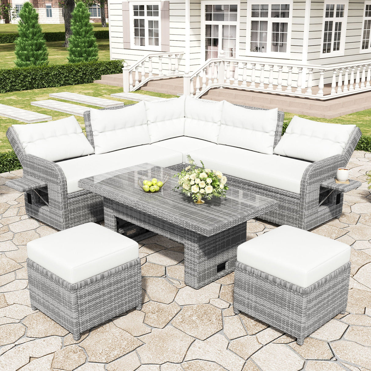 Outdoor Furniture Set Patio Rattan Furniture Set With Adjustable Table, Recliners With Extendable Side Tables And 2 Ottomans by Couch.com