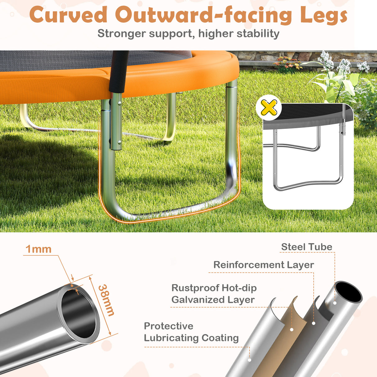 10FT Outdoor Trampoline Heavy-Duty Recreational Trampoline with Safety Enclosure Net-Orange