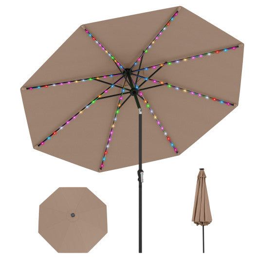 10 Feet Solar Patio Umbrella with 96 Multi-Colored Flowing LED Lights and Tilt Adjustment-Coffee