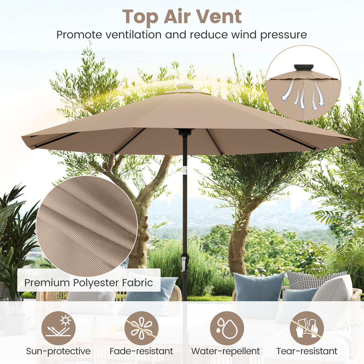 10 Feet Solar Patio Umbrella with 96 Multi-Colored Flowing LED Lights and Tilt Adjustment-Coffee