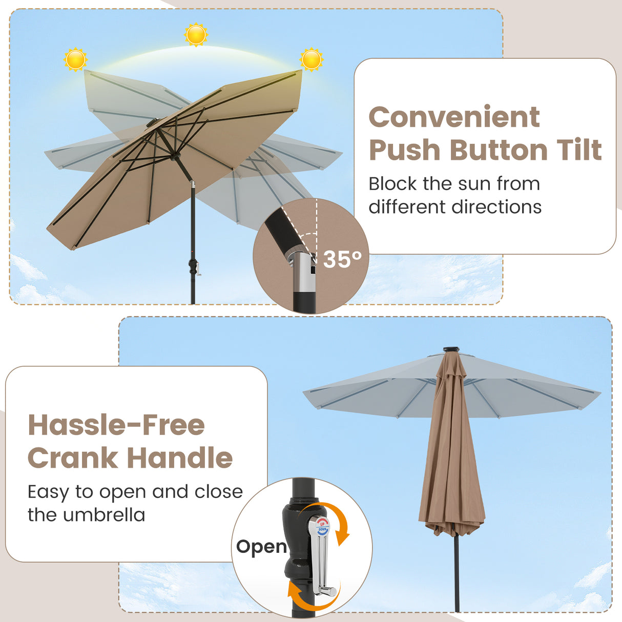 10 Feet Solar Patio Umbrella with 96 Multi-Colored Flowing LED Lights and Tilt Adjustment-Coffee