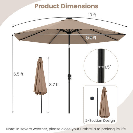10 Feet Solar Patio Umbrella with 96 Multi-Colored Flowing LED Lights and Tilt Adjustment-Coffee