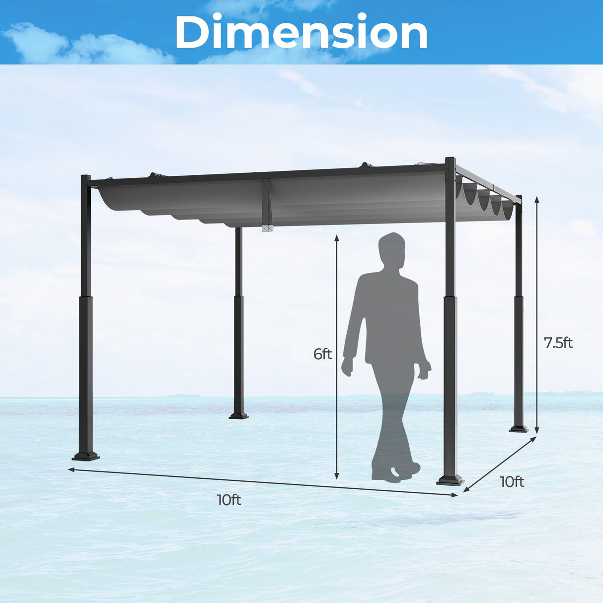 10 x 10 Feet Outdoor Pergola with Retractable Canopy and Metal Columns-Gray by DirectDeals