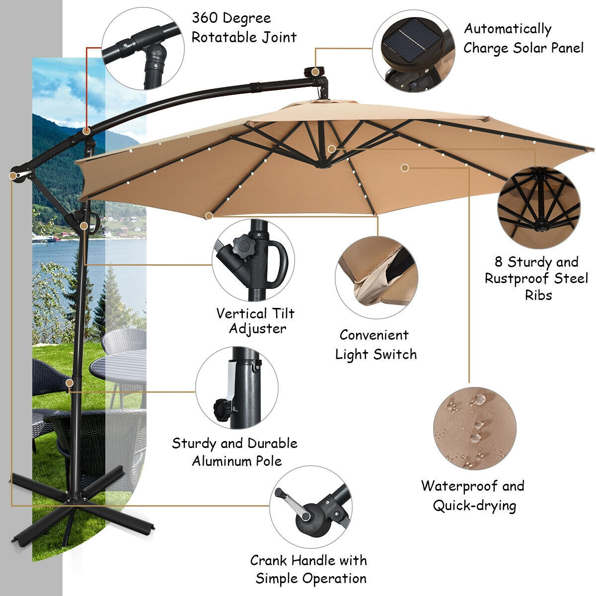 10 ft 360 ° Rotation Solar Powered LED Patio Offset Umbrella without Weight Base-Beige